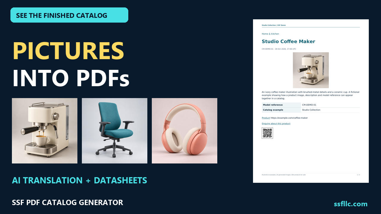 SSF PDF Catalog Generator with coffee maker, office chair and headphone illustrations beside a real PDF