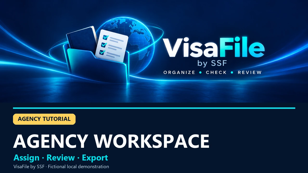 VisaFile Agency tutorial: fictional case assignment, workflow status, history and report export.