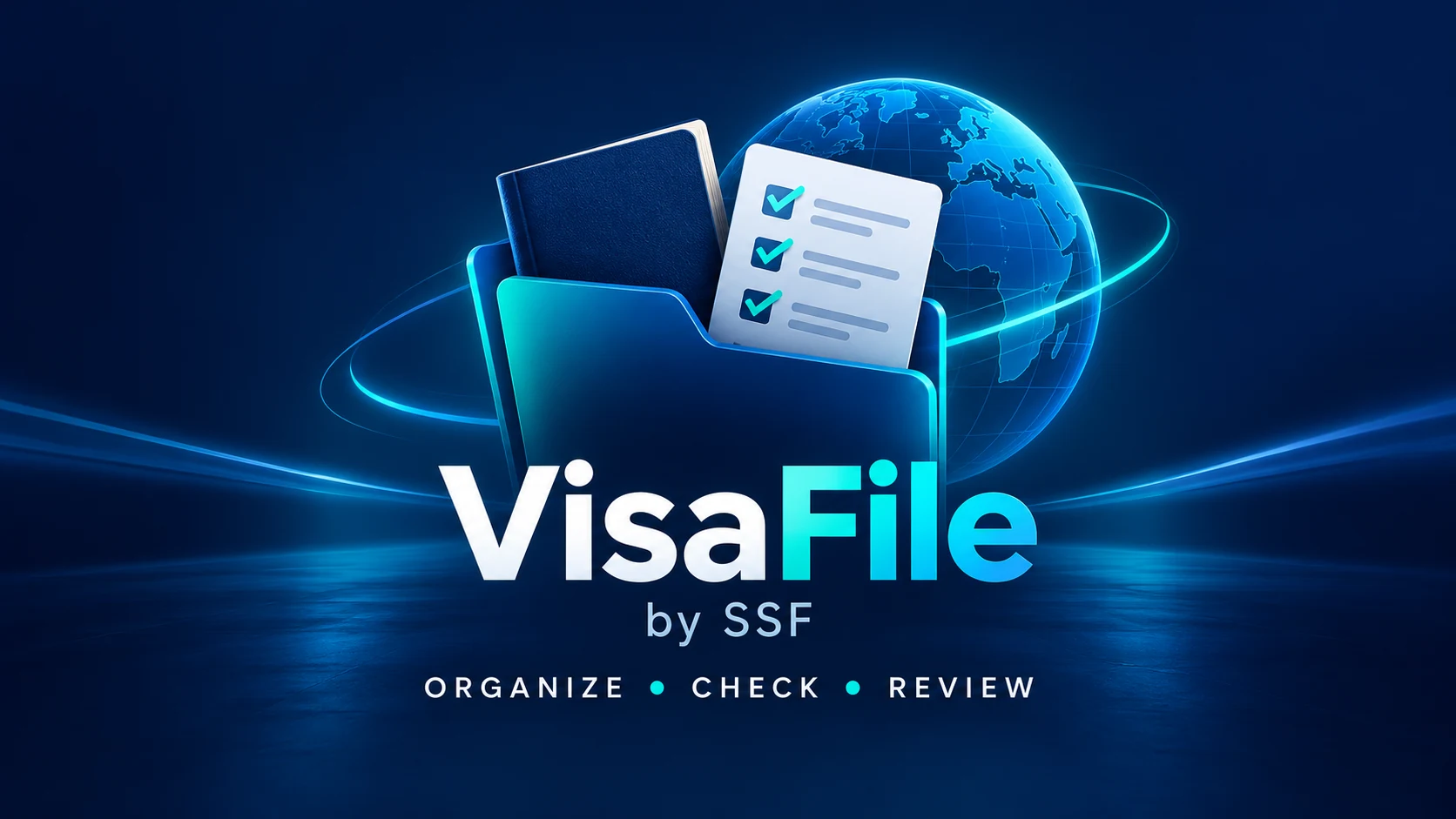 VisaFile by SSF brand illustration with a folder, checklist and globe, in navy and teal.