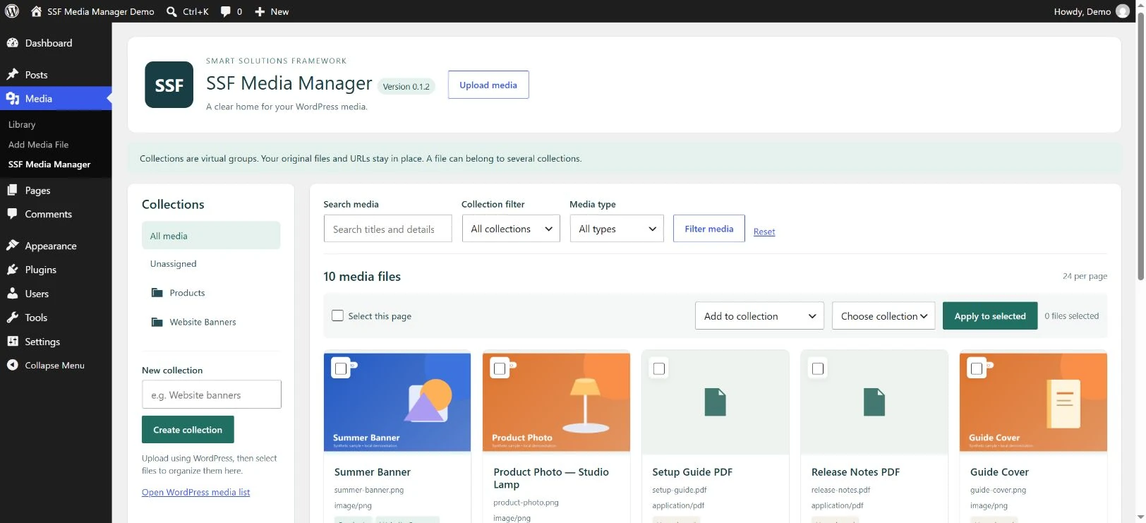 SSF Media Manager Free dashboard with virtual collections, search filters and sample media cards