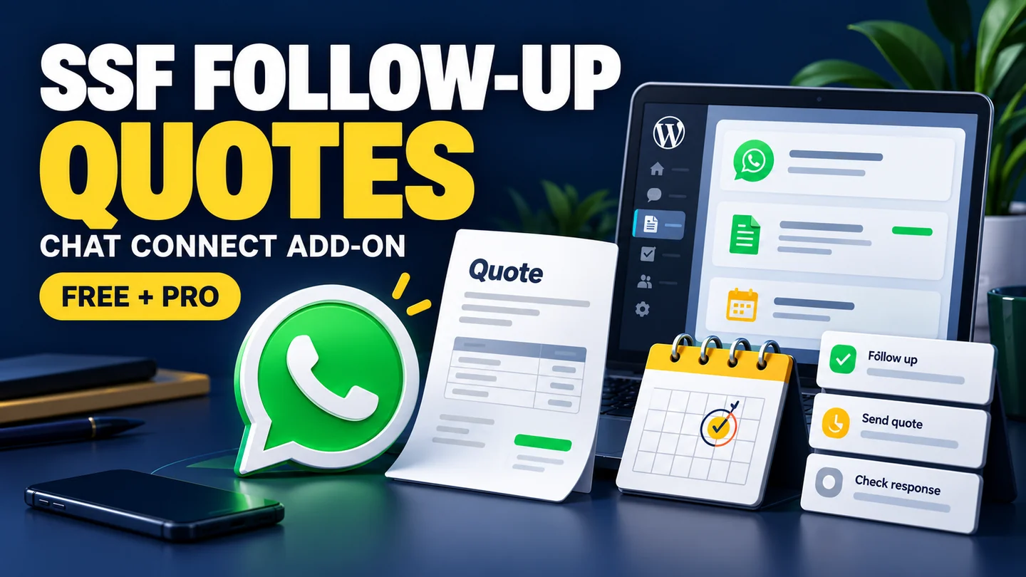 SSF Chat Connect Follow-up & Quotes with prominent WhatsApp imagery — Free and Pro illustrative product artwork