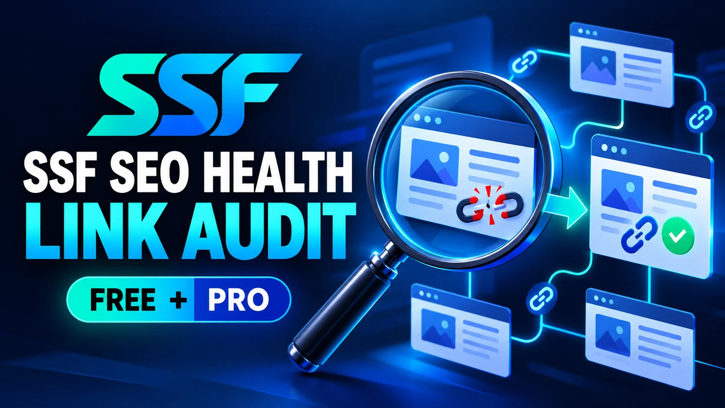 SSF SEO Health & Link Audit — Free and Pro illustrative product artwork